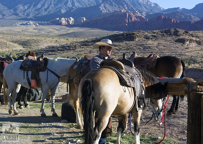 Mikey Flood readys one of the hiorss for Horseback Riding in Las Vegas at Cowboy Trail Rides in Red Rock Canyon